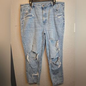 American Eagle High Rise Distressed Wide Leg Jeans Size 20R Lt Wash Raw Hem Plus
